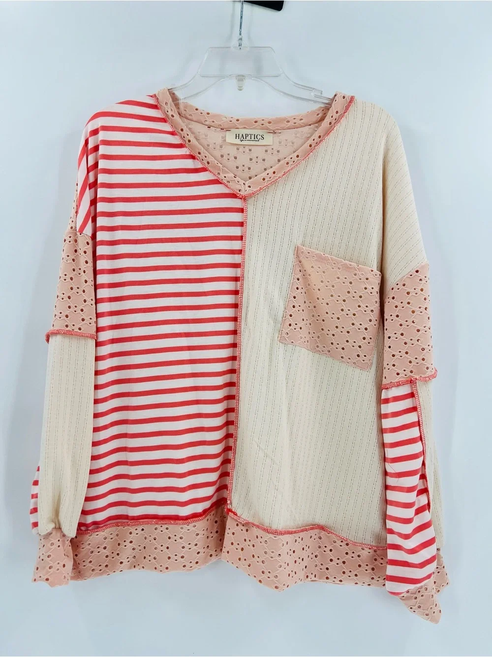 HAPTICS Boho Colorblock Eyelet Stripe Top Peach Cream M New in Bag - Picture 13 of 15